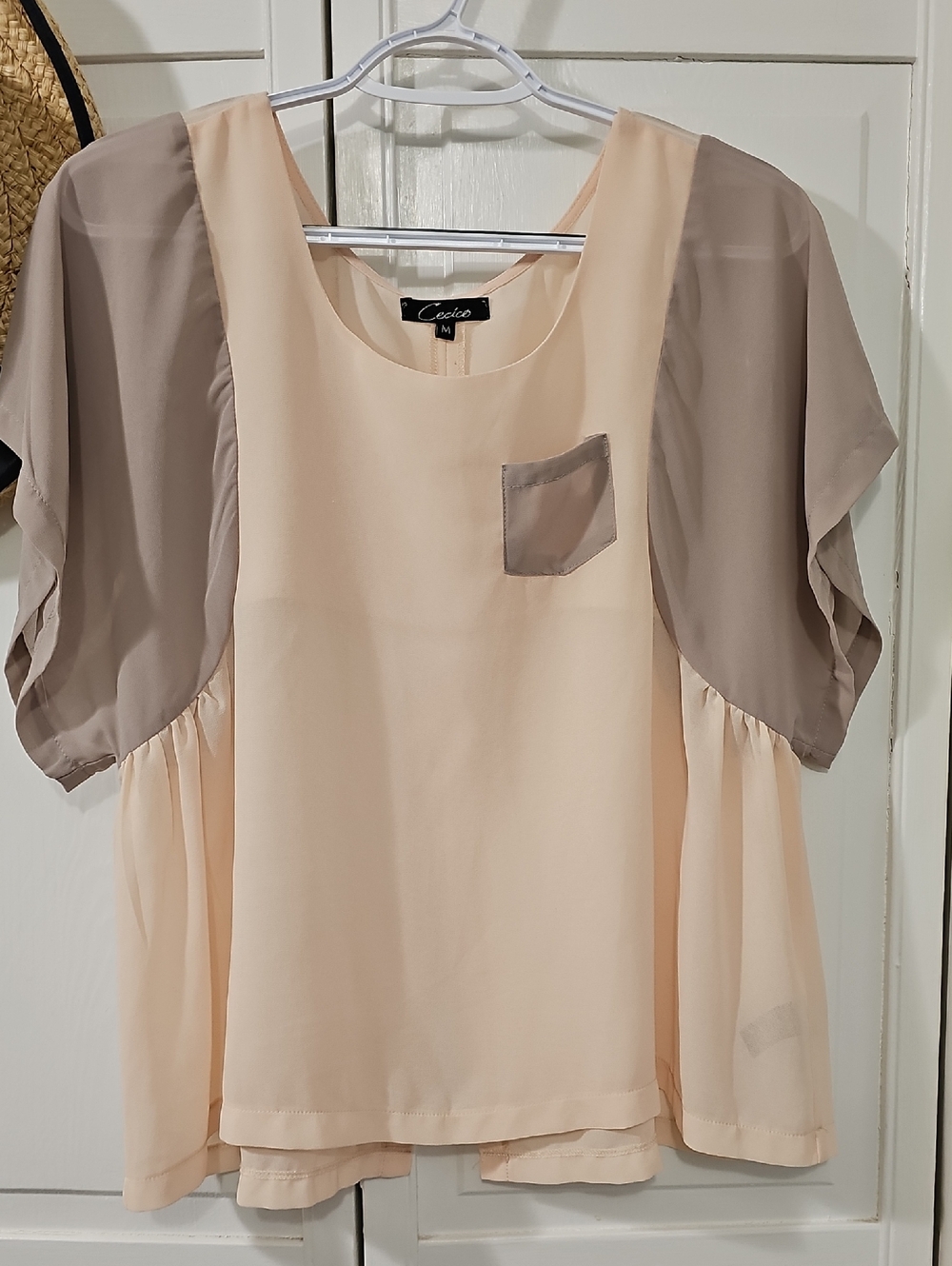 Cecico Peach Blouse with Taupe Contrast Sleeves